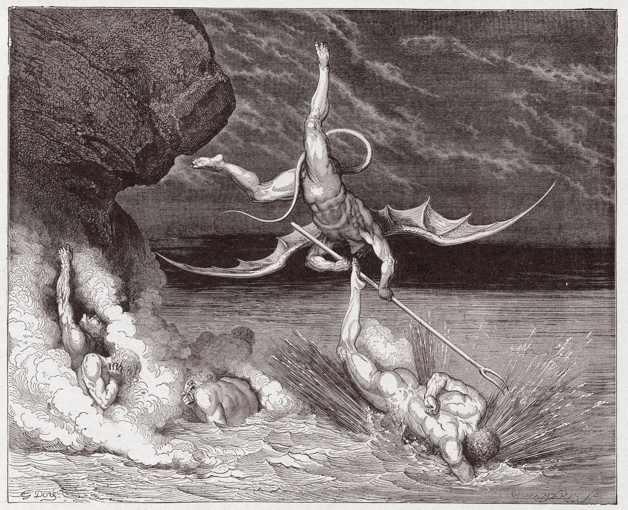 La Divina Comedia (La Divina Commedia, La Divine Comedie), Infierno, Canto 22: Ciampolo escapa del demonio Alichino en la quinta bolgia - por Dante Alighieri (1265-1321) - Ilustración de Gustave Doré (1832-1883) de Gustave Dore