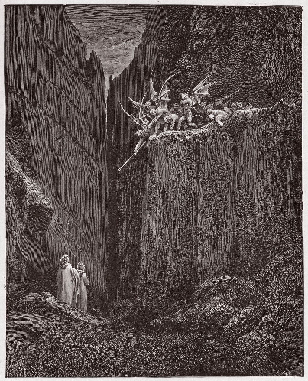La Divina Comedia, Infierno, Canto 23: Los poetas escapan de los demonios de la quinta bolgia - por Dante Alighieri (1265-1321) - Ilustración de Gustave Doré (1832-1883) de Gustave Dore