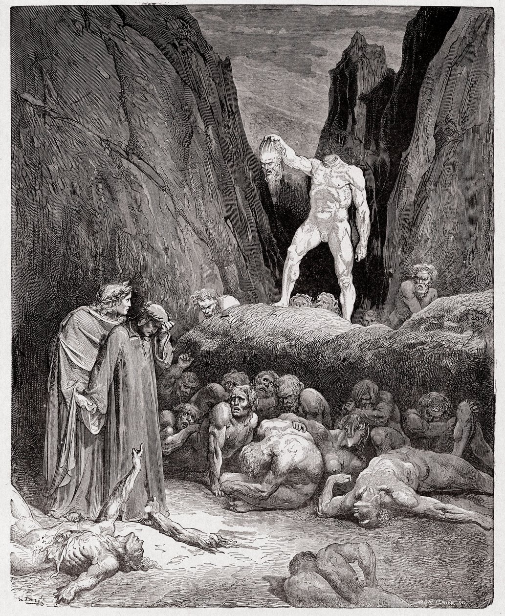 La Divina Comedia, Infierno, Canto 28: La cabeza cortada de Bertrand de Born habla con Dante - Ilustración de Gustave Doré de Gustave Dore