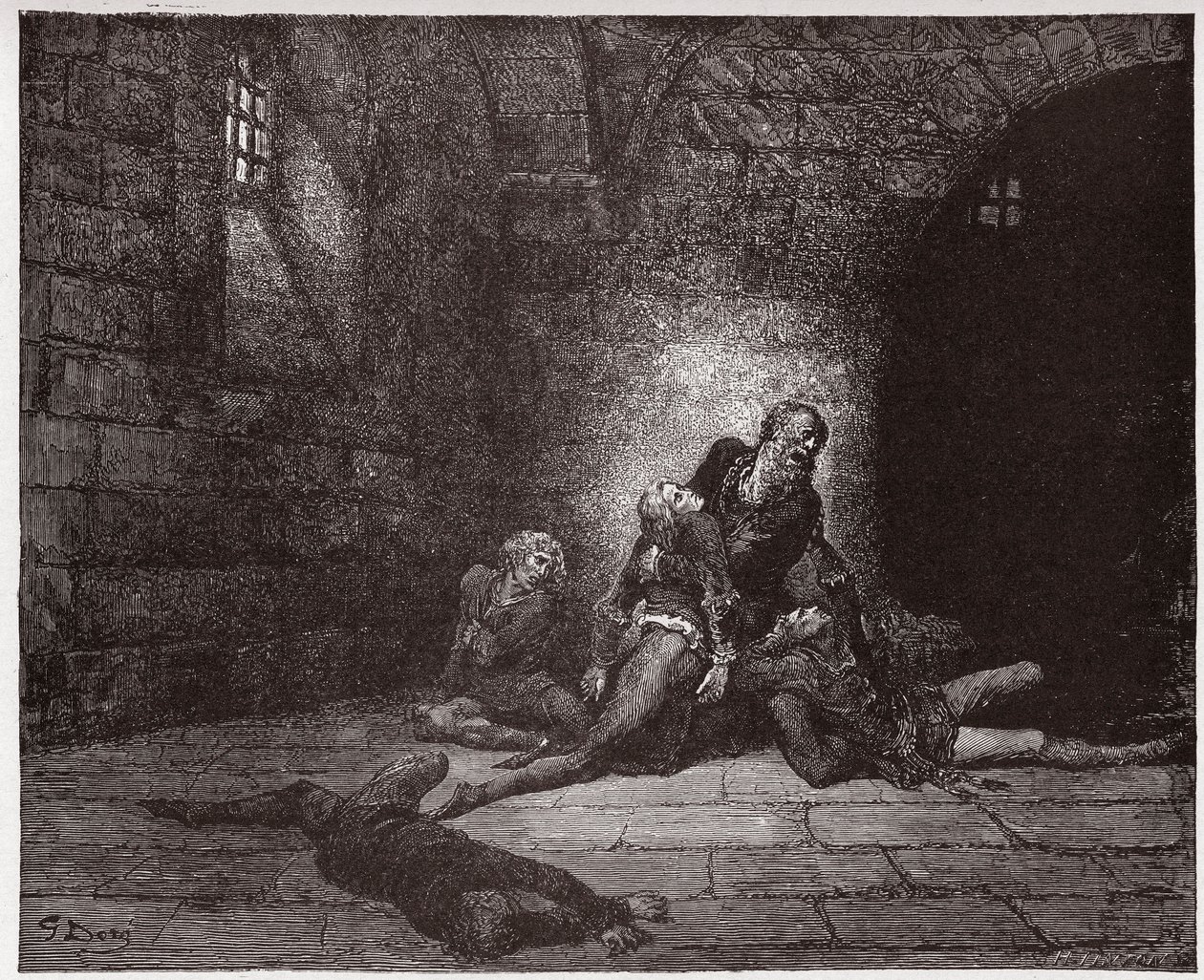 La Divina Comedia, Infierno, Canto 33: Gaddo muere ante los ojos de su padre - por Dante Alighieri (1265-1321) - Ilustración de Gustave Doré (1832-1883) de Gustave Dore