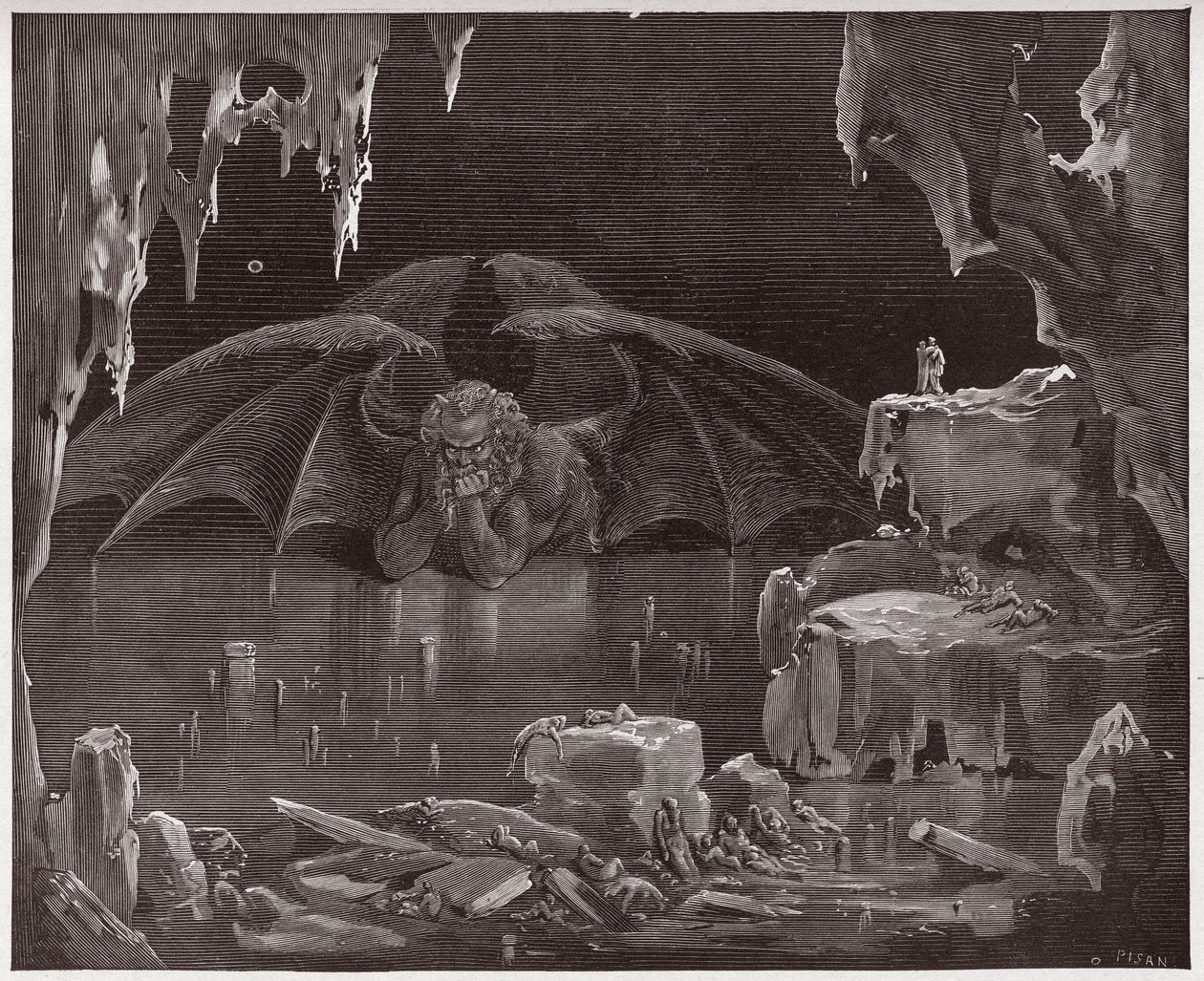 La Divina Comedia, Infierno, Canto 34: Lucifer, rey del Infierno, congelado en el hielo - por Dante Alighieri (1265-1321) - Ilustración de Gustave Doré (1832-1883) de Gustave Dore