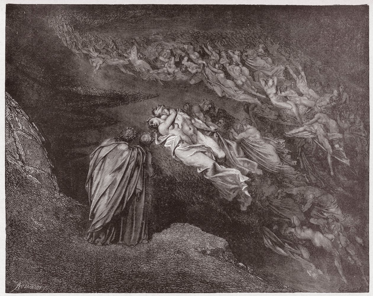 La Divina Comedia, Infierno, Canto 5: El alma de Francesca habla con Dante - Ilustración de Gustave Doré de Gustave Dore