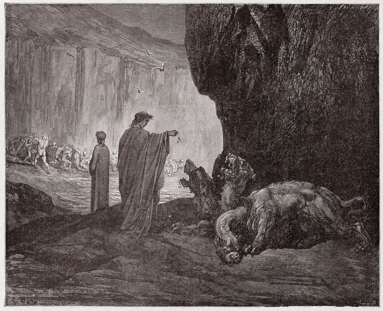 La Divina Comedia, Infierno, Canto 6: Virgilio alimenta a Cerbero en el tercer círculo - por Dante Alighieri (1265-1321) - Ilustración de Gustave Doré (1832-1883) de Gustave Dore