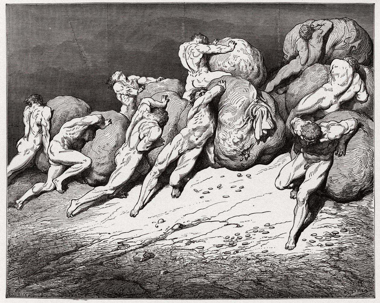 La Divina Comedia, Infierno, Canto 7: Las almas de los avaros y los pródigos obligadas a rodar piedras pesadas - por Dante Alighieri (1265-1321) - Ilustración de Gustave Doré (1832-1883) de Gustave Dore