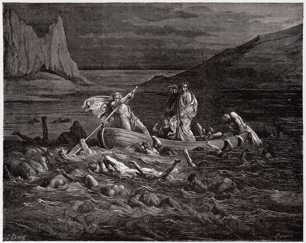 La Divina Comedia, Infierno, Canto 8: Flegias lleva a Dante y Virgilio a través del Estigia - por Dante Alighieri (1265-1321) - Ilustración de Gustave Doré (1832-1883) de Gustave Dore