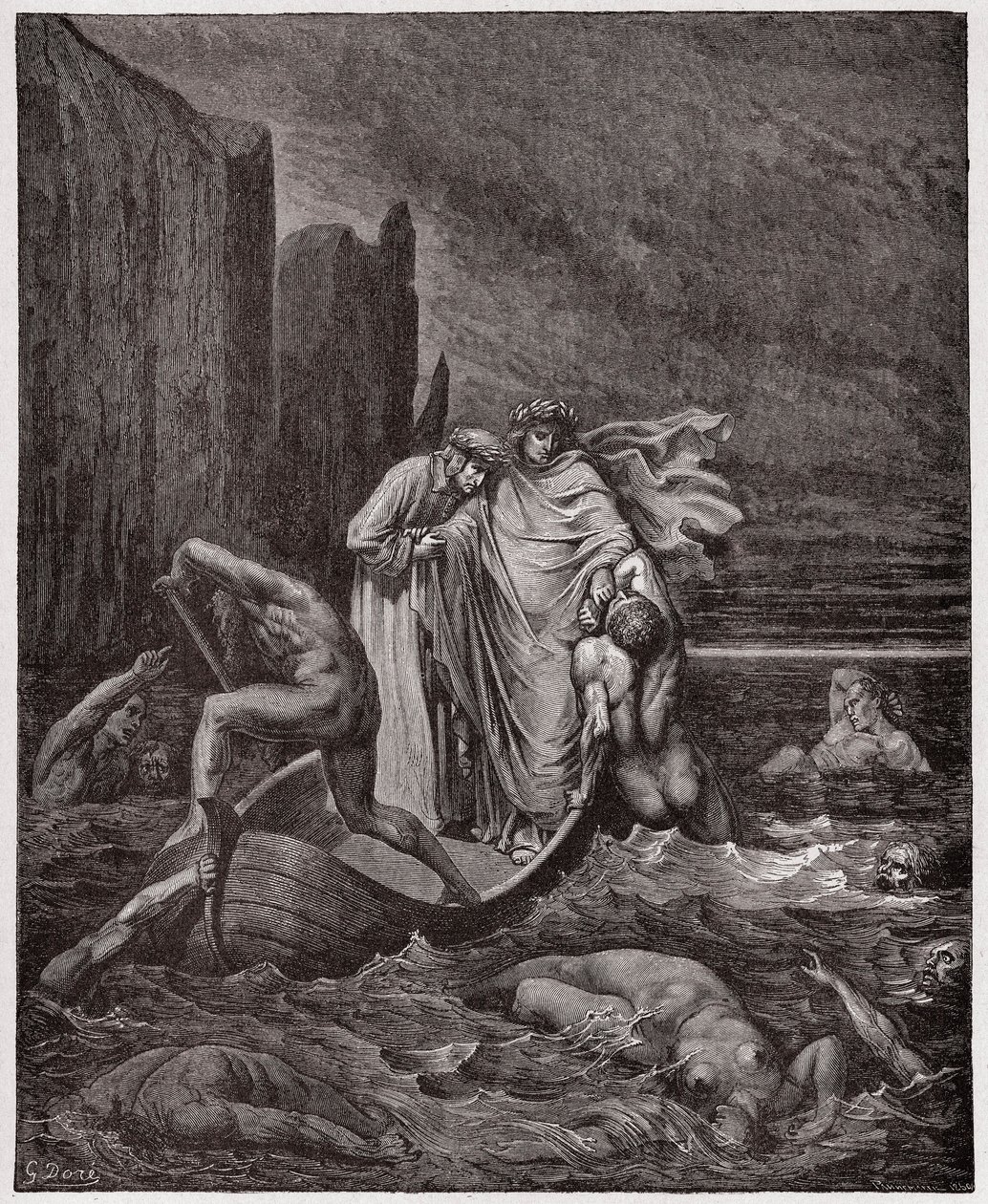 La Divina Comedia, Infierno, Canto 8: El alma del florentino Filippo Argenti aborda a los poetas en el Estigia (Ilustración de Gustave Doré) de Gustave Dore