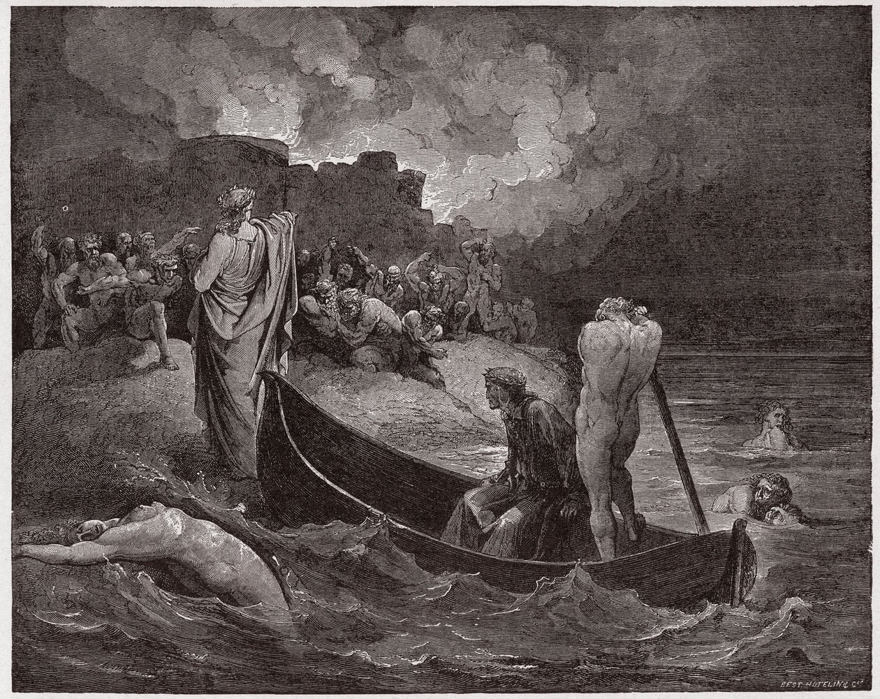 La Divina Comedia, Infierno, Canto 8: Virgilio y Dante desembarcan en la ciudadela de Dis - Ilustración de Gustave Doré de Gustave Dore