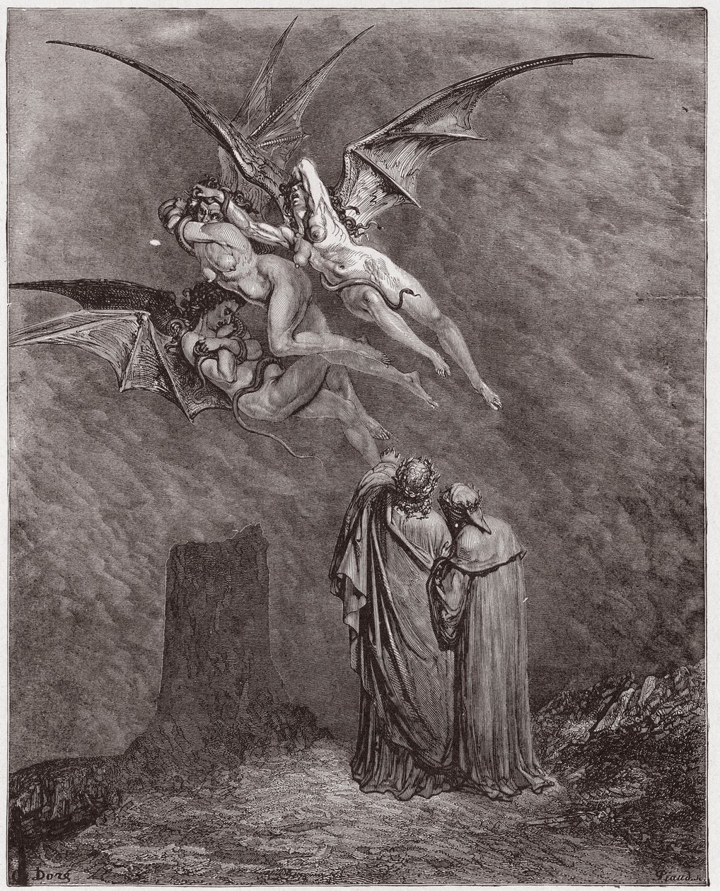 La Divina Comedia (La Divina Commedia, La Divine Comédie), Infierno, Canto 9: Las horribles Erinias: Megaera, Tisífone, Alecto - por Dante Alighieri (1265-1321) - Ilustración de Gustave Doré (1832-1883) de Gustave Dore