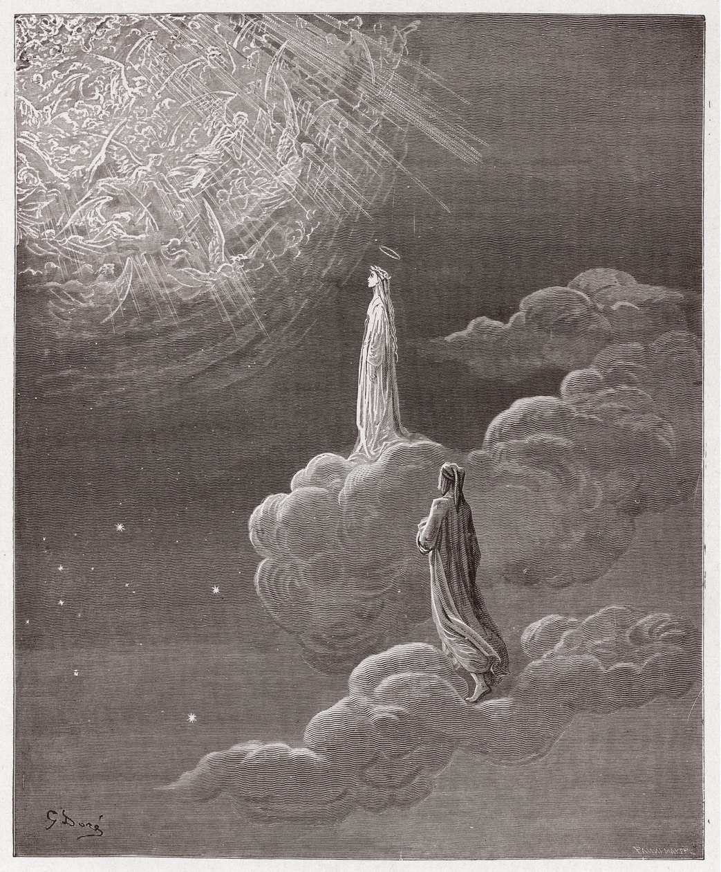 La Divina Comedia, Paraíso, Canto 14: Dante y Beatriz traducidos a la esfera de Marte - por Dante Alighieri (1265-1321) - Ilustración de Gustave Doré (1832-1883). de Gustave Dore