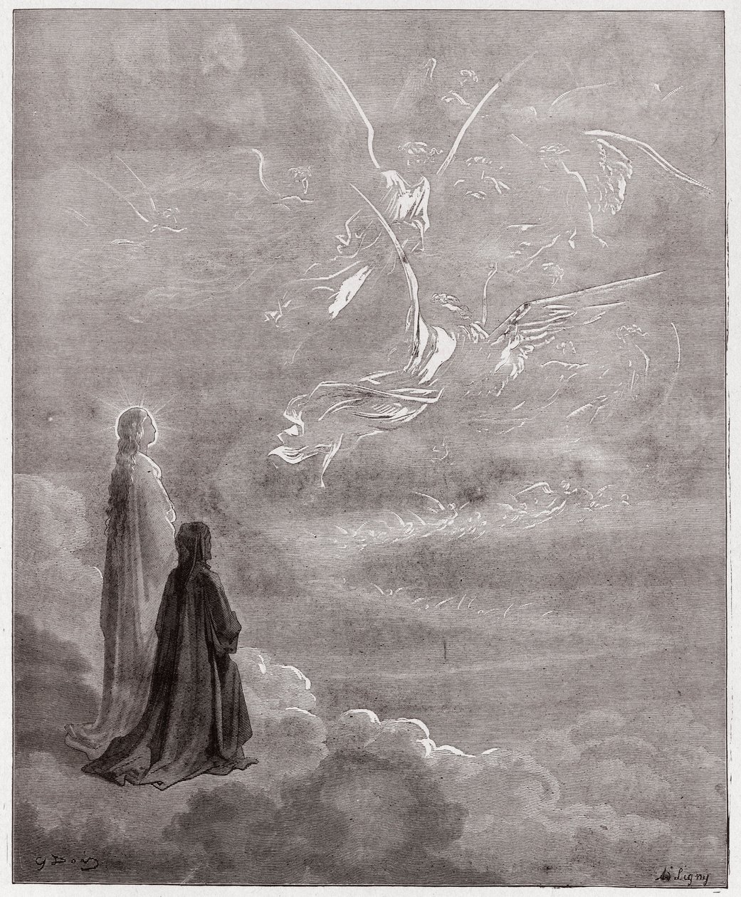 La Divina Comedia (La Divina Commedia, La Divine Comedie), Paraíso, Canto 18: Dante y Beatriz traducidos a la esfera de Júpiter - por Dante Alighieri (1265-1321) - Ilustración de Gustave Doré (1832-1883) de Gustave Dore