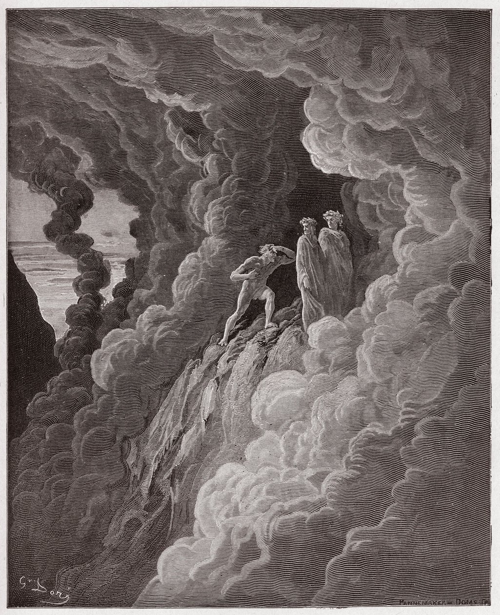 La Divina Comedia (La Divina Commedia, La Divine Comedie), Purgatorio, Canto 16: Marco Lombardo sigue a los poetas a través del humo - por Dante Alighieri (1265-1321) - Ilustración de Gustave Doré (1832-1883) de Gustave Dore