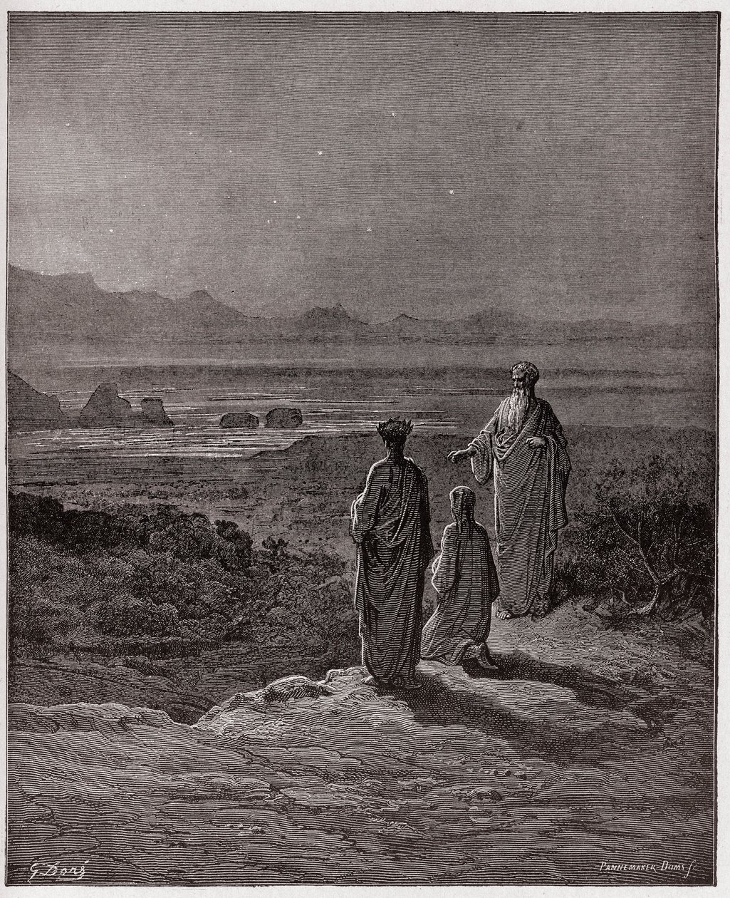 La Divina Comedia, Purgatorio, Canto 1: Dante se arrodilla ante Estacio - Ilustración de Gustave Doré de Gustave Dore