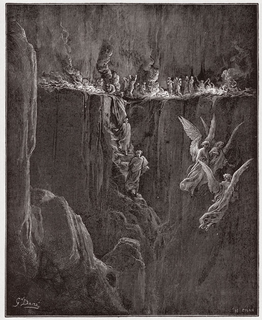 La Divina Comedia (La Divina Commedia, La Divine Comedie), Purgatorio, Canto 25: Virgilio y Dante ascienden al séptimo círculo a través de las llamas - por Dante Alighieri (1265-1321) - Ilustración de Gustave Doré (1832-1883) de Gustave Dore