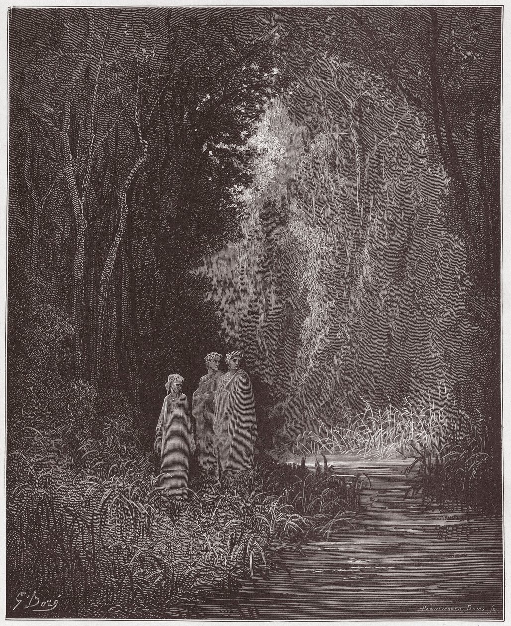 La Divina Comedia, Purgatorio, Canto 28: Dante, Virgilio y Estacio en el antiguo bosque del paraíso terrenal - por Dante Alighieri (1265-1321) - Ilustración de Gustave Doré (1832-1883). de Gustave Dore