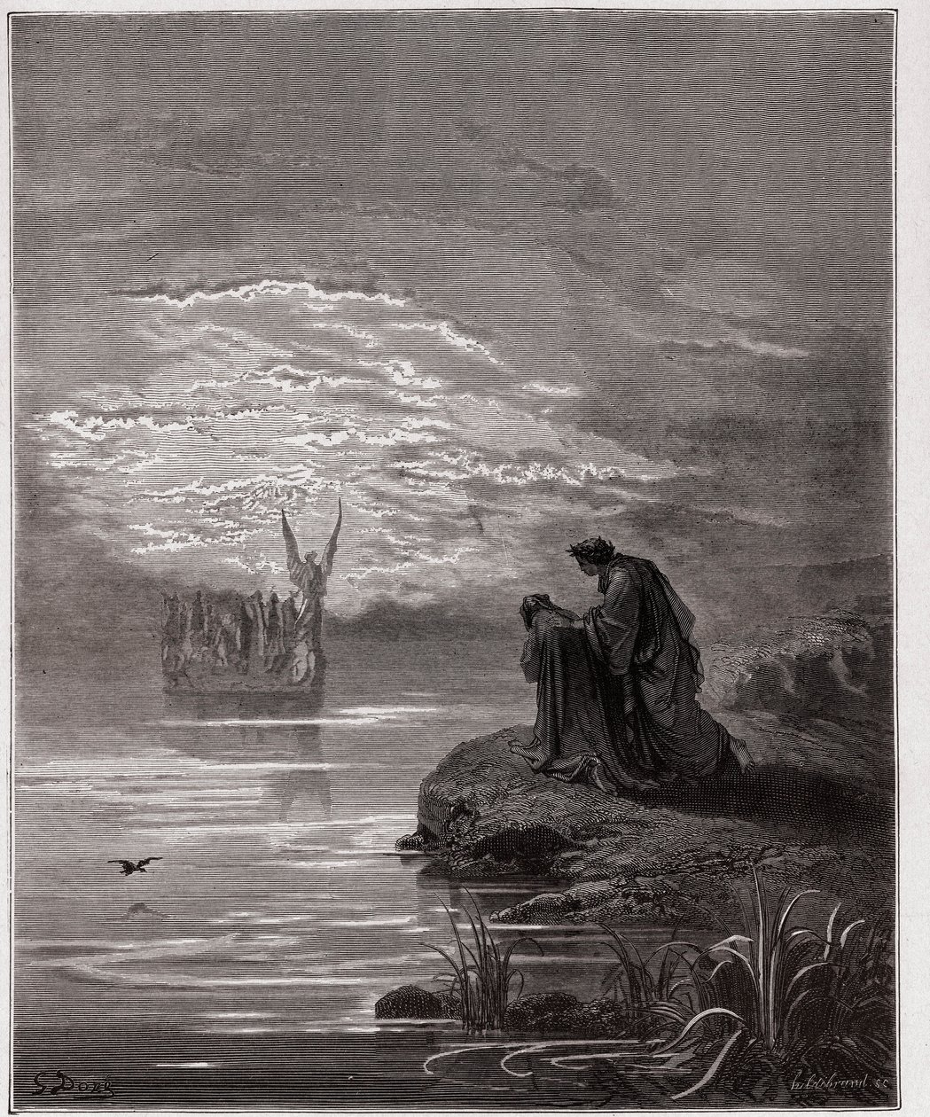 La Divina Comedia, Purgatorio, Canto 2: Dante se inclina ante el ángel piloto - por Dante Alighieri (1265-1321) - Ilustración de Gustave Doré (1832-1883) de Gustave Dore