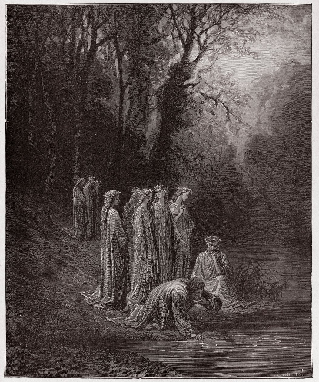 La Divina Comedia (La Divina Commedia, La Divine Comedie), Purgatorio, Canto 33: Dante bebe del río Eunoe - por Dante Alighieri (1265-1321) - Ilustración de Gustave Doré (1832-1883) de Gustave Dore