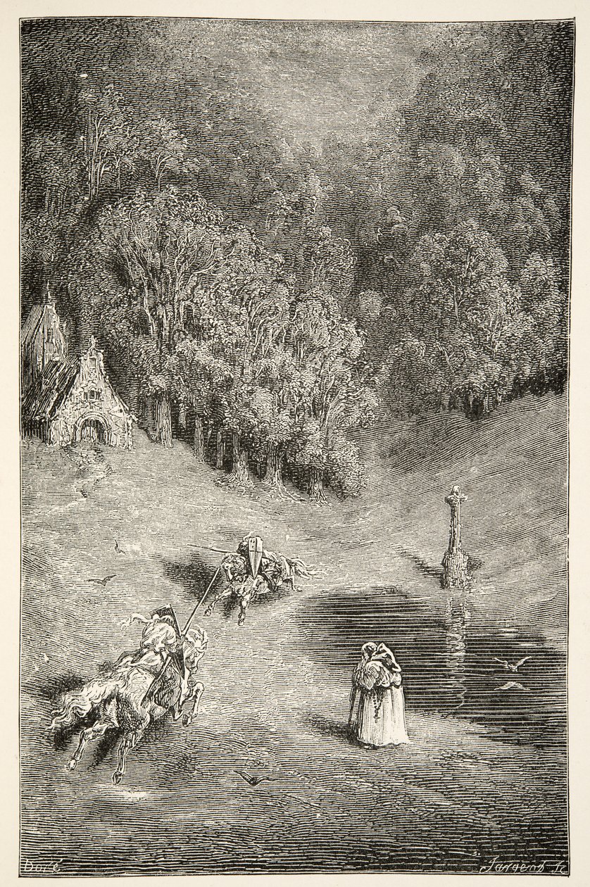El encuentro entre Arturo y Pellinore, de Historias de los Días del Rey Arturo por Charles Henry Hanson, pub.1898 de Gustave Dore