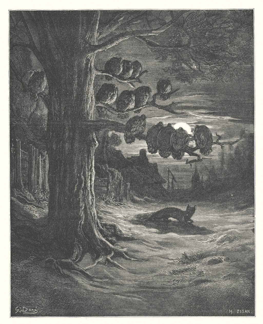 Las Fábulas de La Fontaine: La zorra y los pavos (grabado) de Gustave Dore