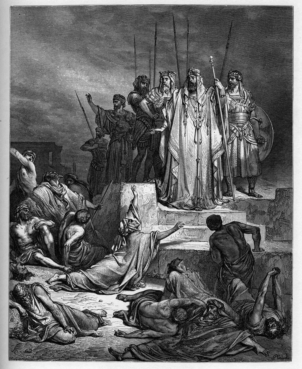 El hambre en Samaria - Antiguo Testamento: Asedio de Samaria. El rey de Siria asedia la ciudad de Samaria y la reduce a una hambruna terrible - grabado en "La Biblia ilustrada" por Gustave Doré - Grabado de "La Biblia de Doré" de Gustave Dore