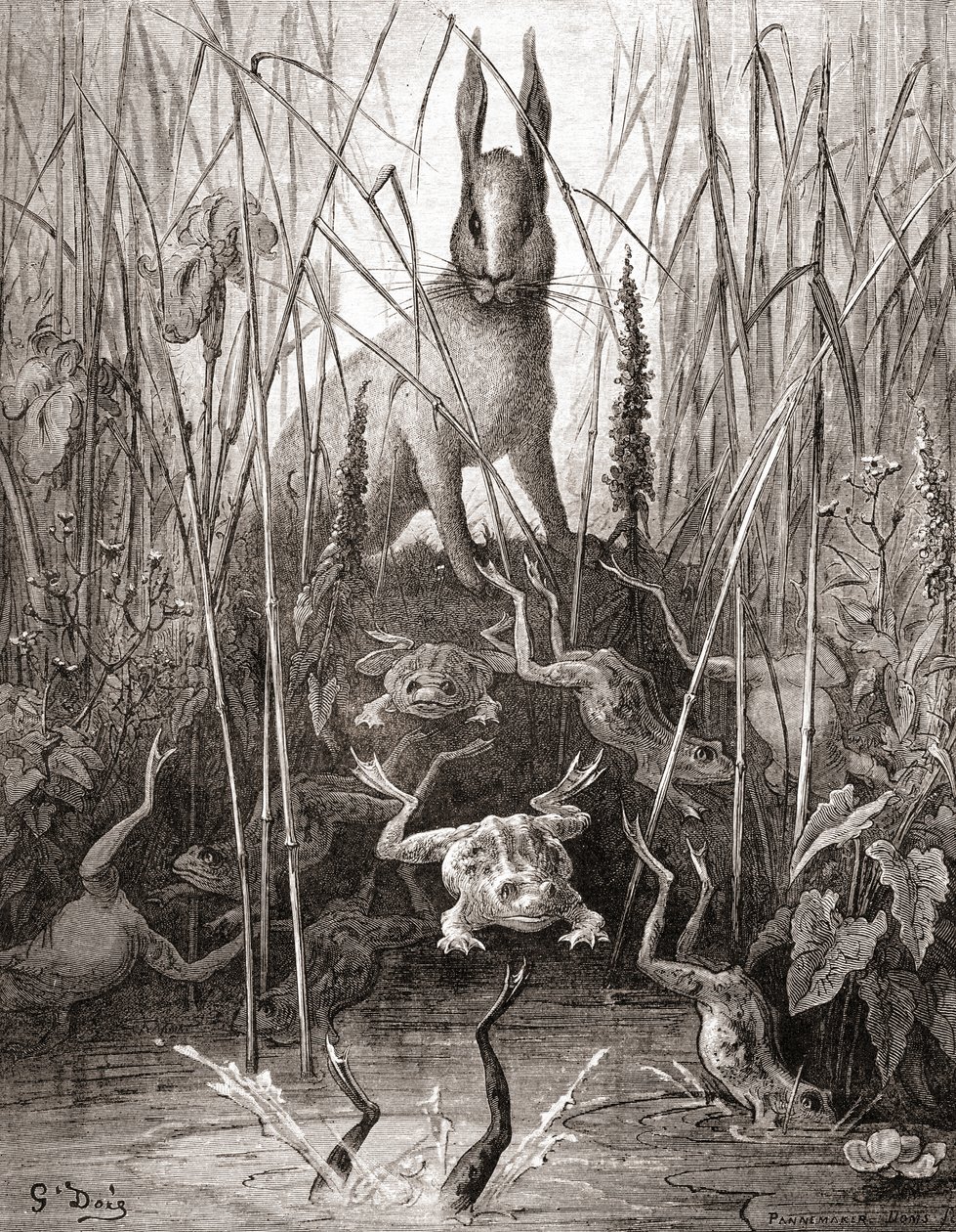 La Liebre y las Ranas, de una edición de finales del siglo XIX de Fábulas de La Fontaine de Gustave Dore