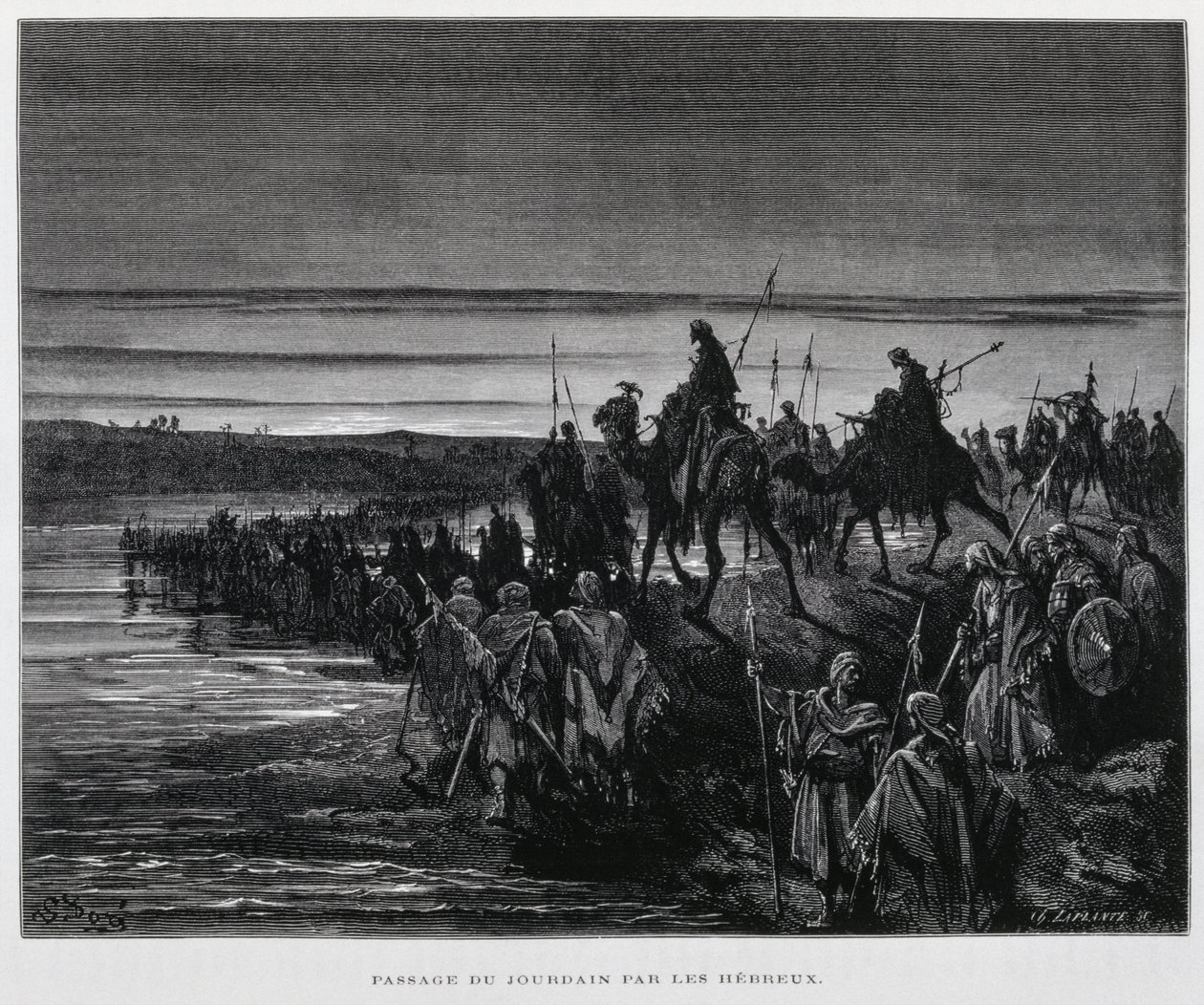 Las tribus hebreas entran en Canaán por el río Jordán, Ilustración de la Biblia de Dore de Gustave Dore