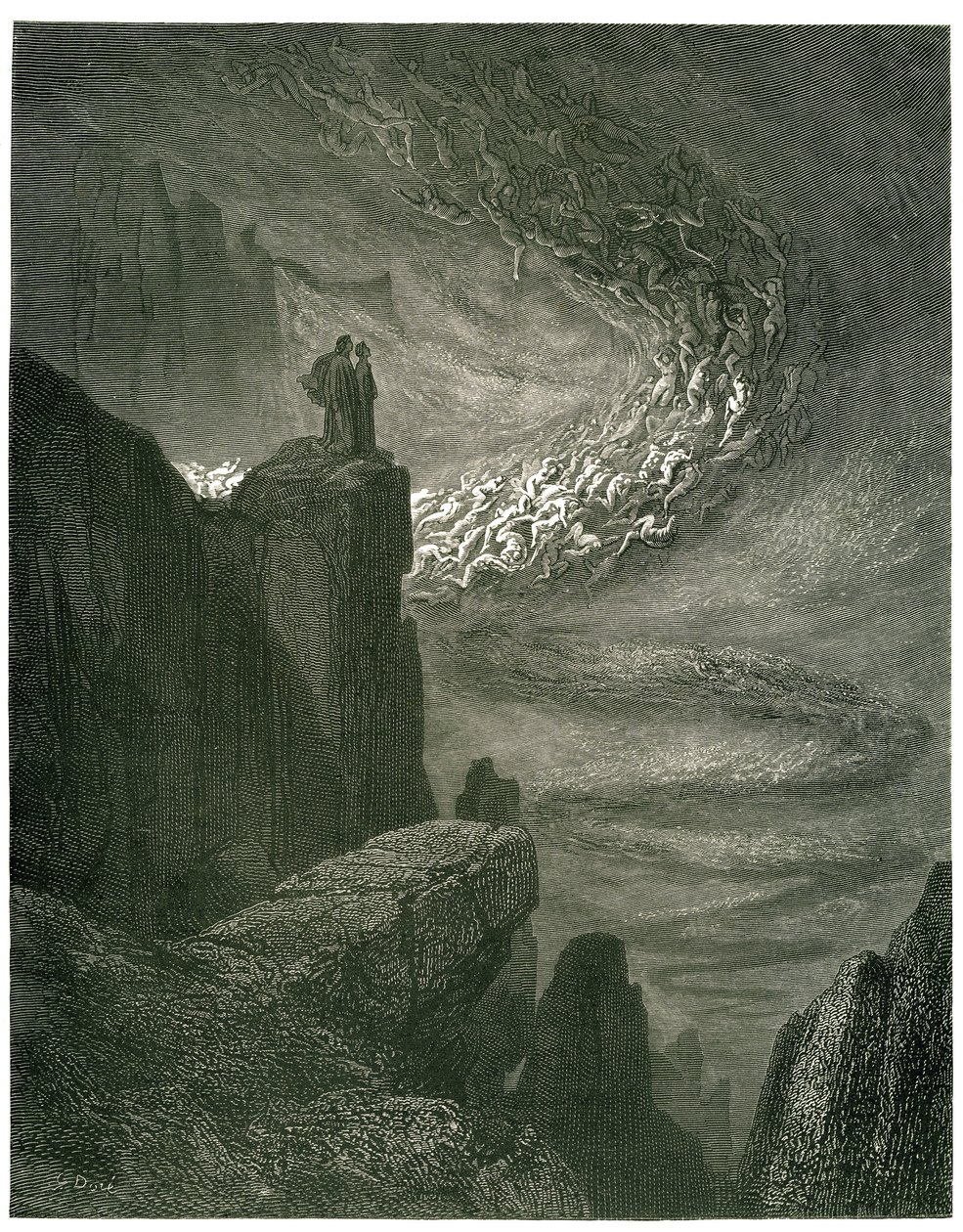 El Infierno de Dante Alighieri (la Divina Comedia) ilustrado por Gustave Dore. Edición francesa de 1861. "La bufera infernal, che mai non resta/Mena gli spirti con la sua rapina. (El huracán infernal, que nunca se detiene, atrae a los espíritus en su torbe de Gustave Dore
