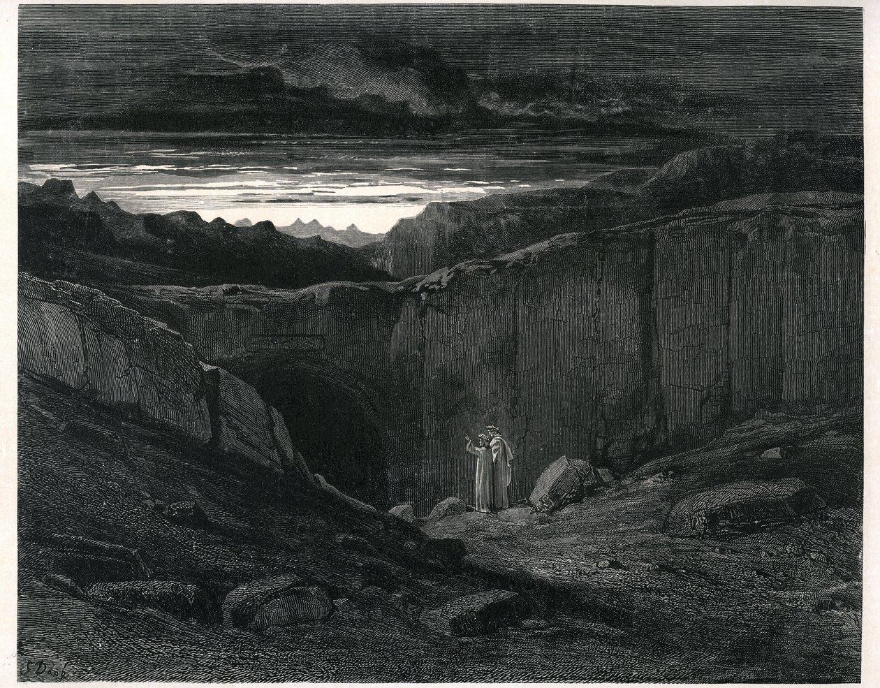 El Infierno de Dante Alighieri (la Divina Comedia) ilustrado por Gustave Dore. Edición francesa de 1861. Dante y Virgilio a la entrada del Infierno:" Lasciate ogni speranza, voi che 