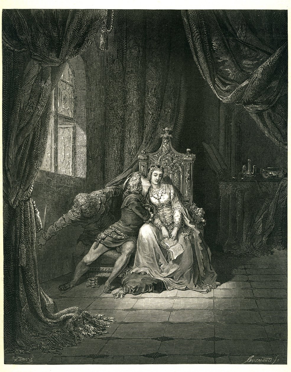 El Infierno de Dante Alighieri (la Divina Comedia) ilustrado por Gustave Dore. Edición francesa de 1861. Francesca da Rimini y su amante: "Quel giorno piu non vi leggemo avante. (Este día no leemos más)", canto 5. v. 138 de Gustave Dore