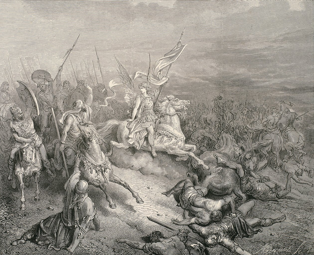 La Santa Biblia. 1866. El ángel de los Macabeos. Grabado de Gustave Dore