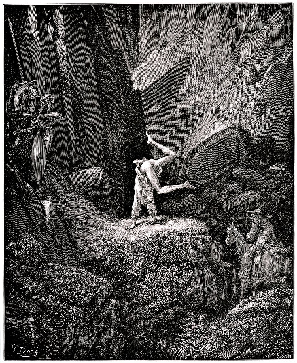 El Ingenioso Hidalgo Don Quijote de la Mancha (Quijote) de Miguel de Cervantes (1547-1616): el caballero hace hacer cabriolas a la triste figura "poniendo desnudas ciertas cosas que Sancho, por no verlas, se apresura a dar la vuelta, satisfecho de de Gustave Dore