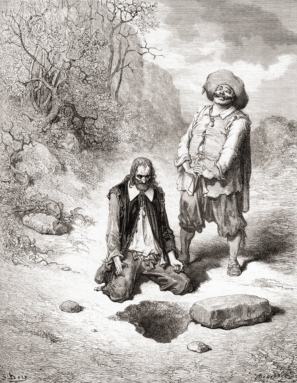 El Avaro que Perdió su Tesoro, de una edición de finales del siglo XIX de Fábulas de La Fontaine de Gustave Dore