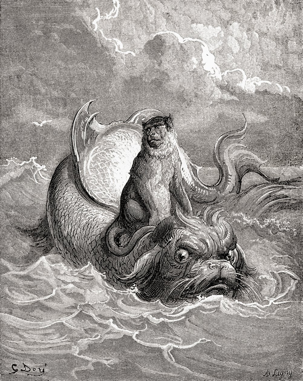 El mono y el delfín según una obra de Gustave Dore para una fábula de La Fontaine. De Vida y recuerdos de Gustave Dore, publicado en 1885. de Gustave Dore