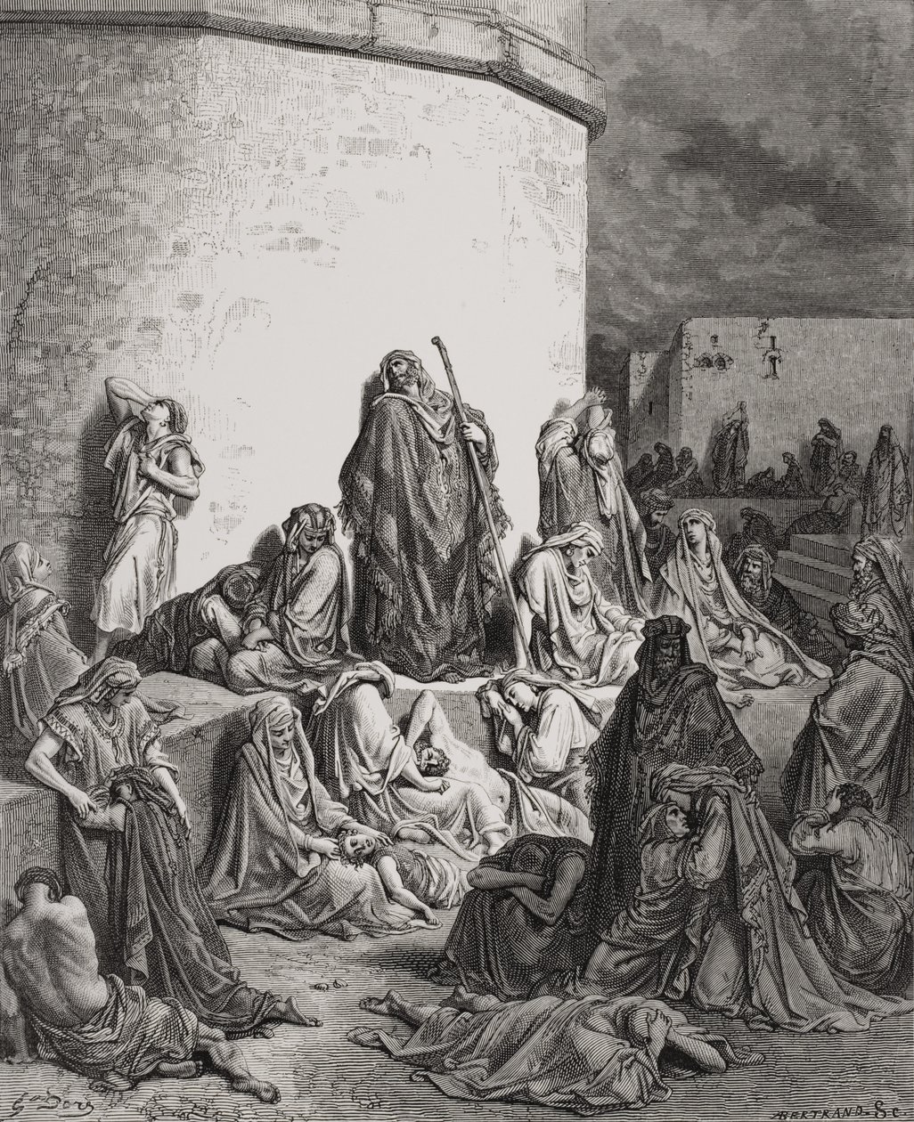 El pueblo lamentándose sobre las ruinas de Jerusalén, Lamentaciones 1:1-2, ilustración de 