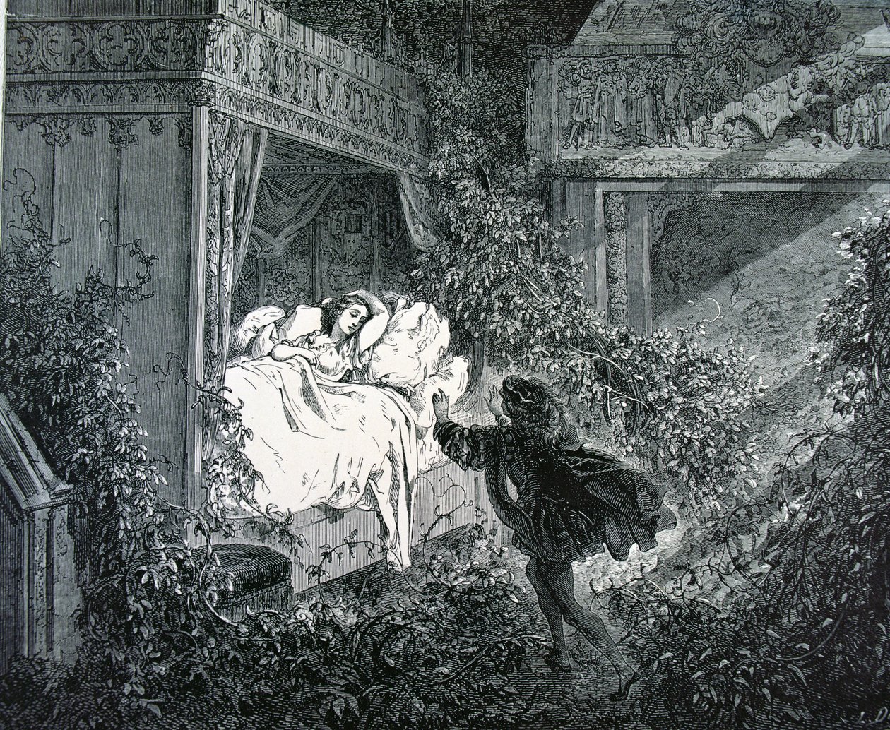 El príncipe entrando en el dormitorio de la princesa en el castillo encantado, ilustración para 