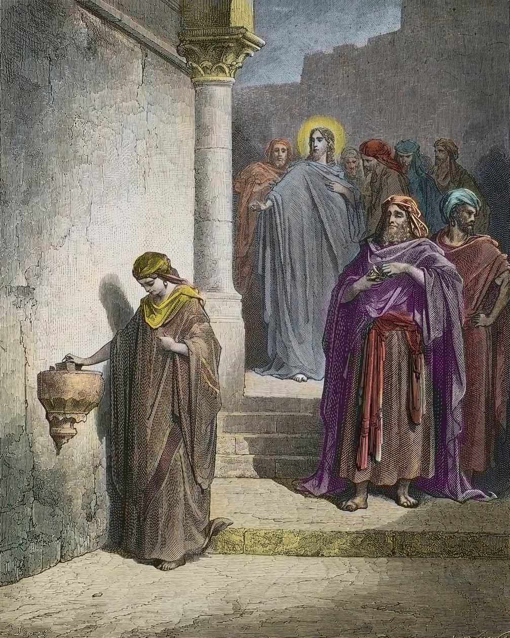 La ofrenda de la viuda (La ofrenda de la viuda) - grabado de Gustave Dore - coloreado posteriormente de Gustave Dore