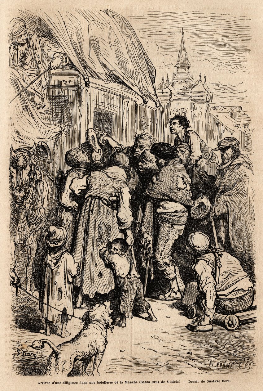 La llegada de la diligencia a un hotel en Santa Cruz de modela (provincia de La Mancha), asaltada por mendigos pidiendo limosna. Dibujo de Gustave Doré (1832-1883). Grabado para ilustrar el viaje a España, en 1862 por Charles Davillier y Gustave Doré, en “ de Gustave Dore