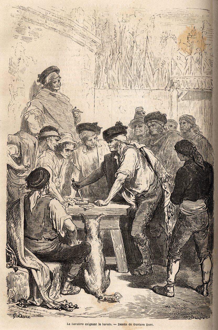 El arma baratero de la navaja, exigiendo el barato, tributo que se arroga sobre la cantidad de juegos clandestinos. Dibujo de Gustave Doré, para ilustrar su viaje a España en 1862, con Ch. Davillier. Grabado en 