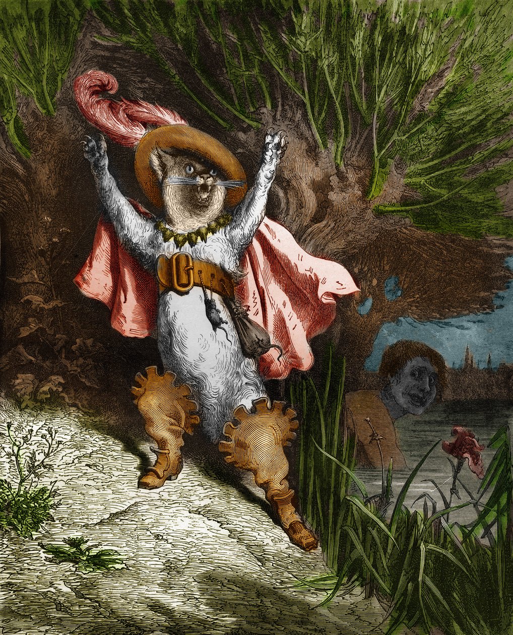 El gato con botas pide ayuda. Grabado de Gustave Doré de 