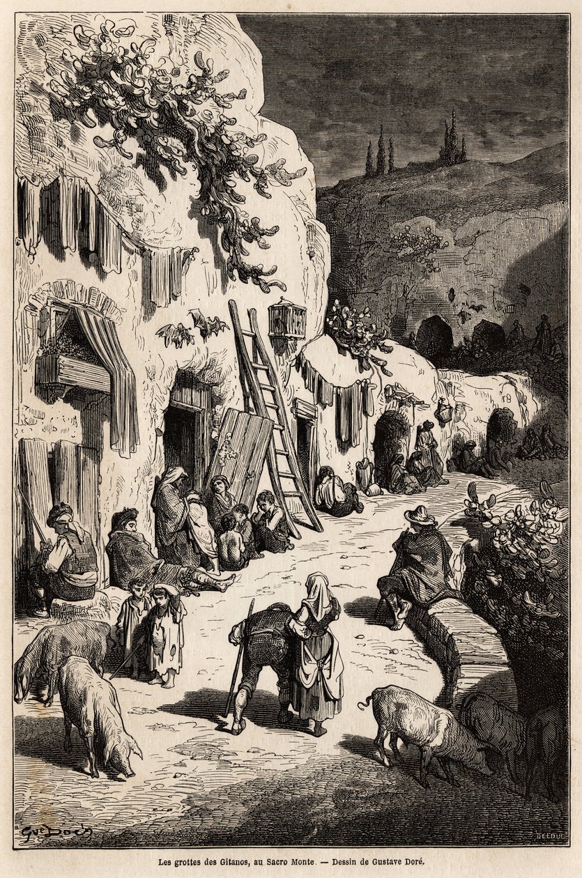 Las cuevas (casas subterráneas) de los gitanos, en Sacro Monte, en Granada. Dibujo de Gustave Doré (1832-1883), para ilustrar su viaje a España en 1862, acompañado por Ch. Davillier. Grabado en 