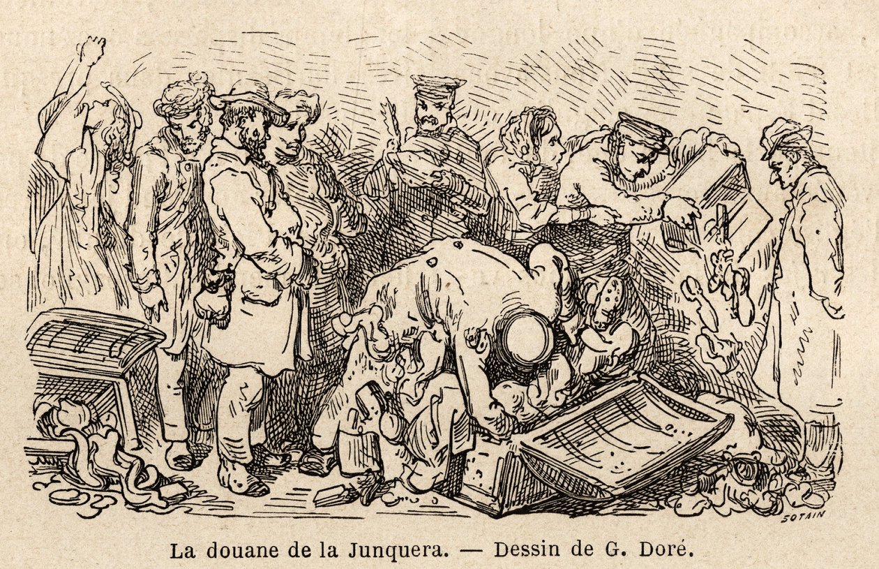 Las costumbres de la junquera (ciudad situada entre Cataluña y la provincia de Gerona), dibujo de Gustave Doré (1832-1883), para ilustrar su viaje a España, con C. Davillier, en 1862. Grabado en "Le tour du monde", editado por Edouard Charton de Gustave Dore