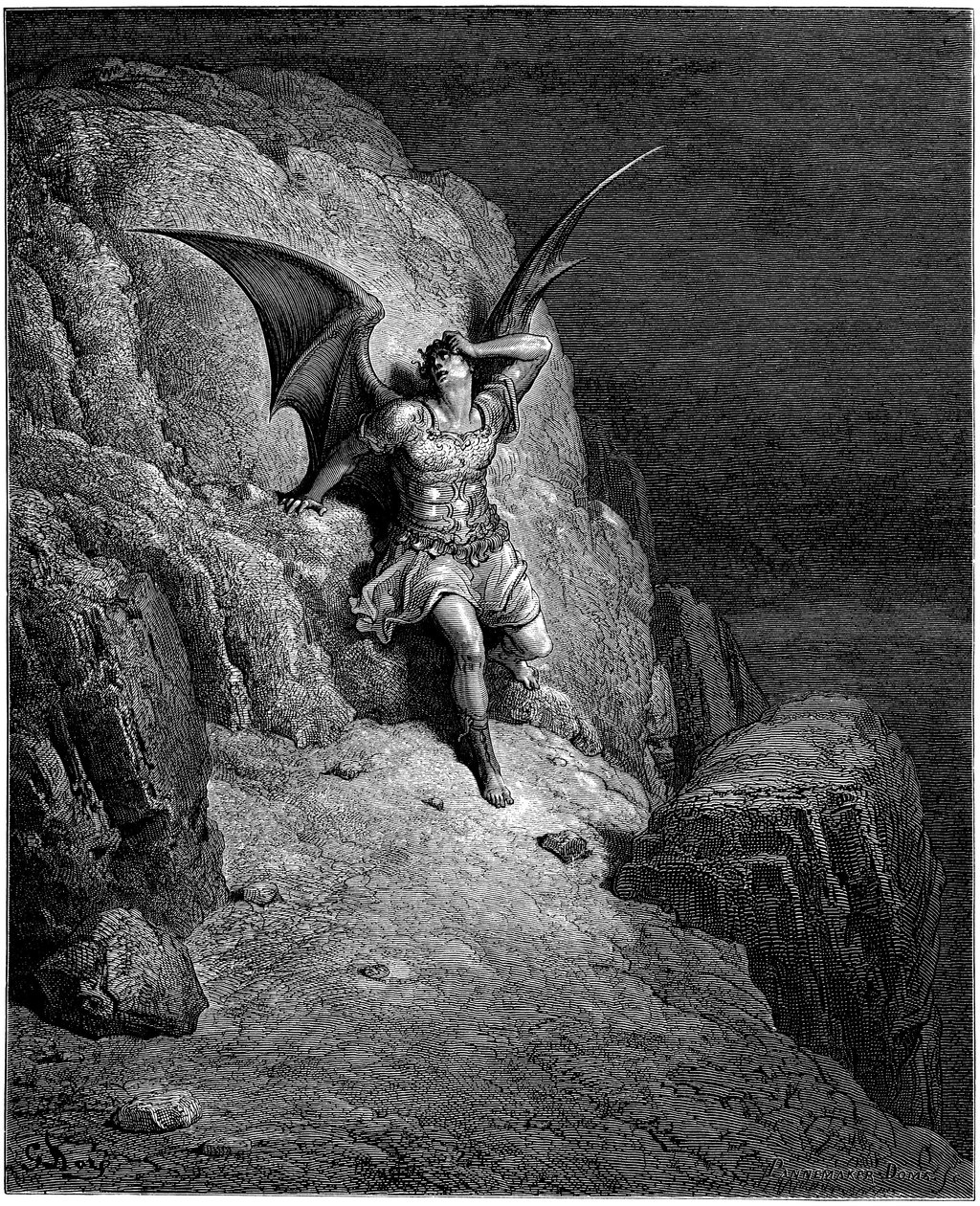 La caída del ángel Lucifer (Satán, ángel dechu, cayó del cielo a la Tierra). Ilustración de Gustave Dore para "El paraíso perdido" de John Milton (1608-1674). Grabado de 1866. Colección privada de Gustave Dore