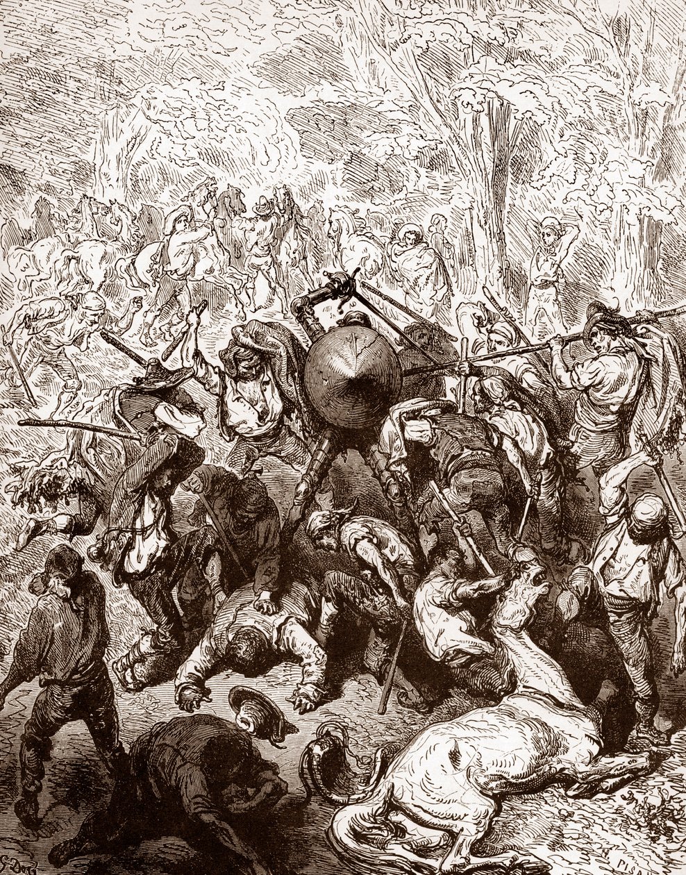 La lucha contra los arrieros de Yanguas Grabado de Gustave Dore (1832-1883) para "El Ingenioso Hidalgo Don Quijote de la Mancha" de Miguel de Cervantes (1547-1616) 1863 Colección particular de Gustave Dore