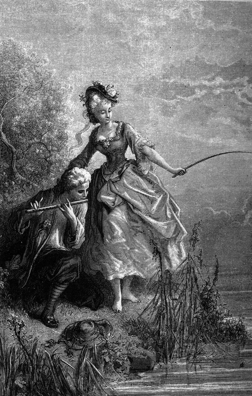 El pez y el pastor tocando la flauta. El sonido de la flauta sirve como cebo. Fábulas de Jean de La Fontaine (1621-1695). Ilustración de Gustave Doré. de Gustave Dore