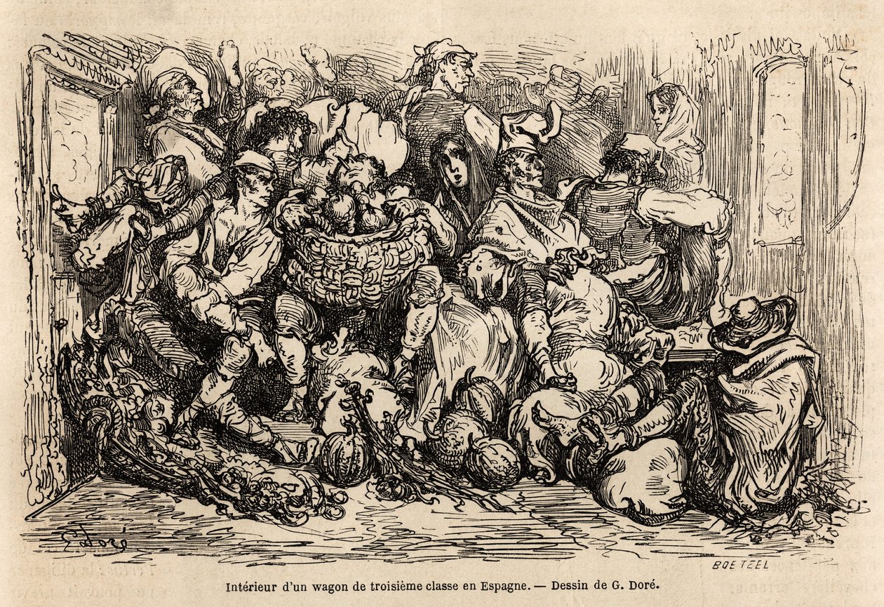 El interior de un vagón de tercera clase en España, dibujo de Gustave Doré (1832-1883), para ilustrar su viaje a España, con C. Davillier, en 1862. Grabado en 