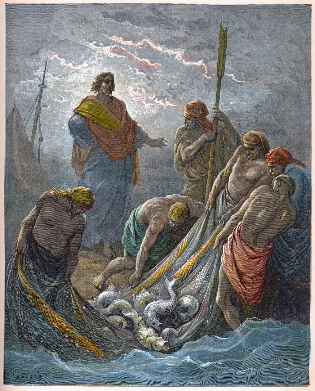 La pesca milagrosa - Grabado en "La Biblia ilustrada" por Gustave Doré (1832-1883) - Grabado de "La Biblia de Doré" de Gustave Dore
