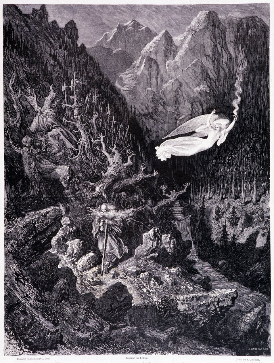 El anciano sosteniendo una bolsa y su bastón caminando en un paisaje hostil es superado por un ángel agitando una lanza de fuego, Placa VII - Ilustración de Gustave Doré (1832-1883), para La leyenda del judío errante de Pierre Dupont, edición Librería del  de Gustave Dore