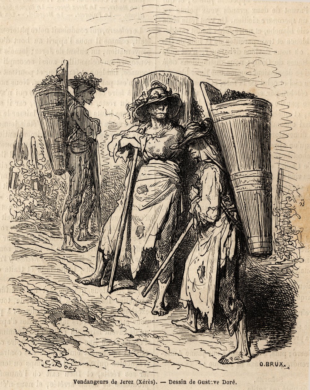 Los recolectores de Xeres. Dibujo de Gustave Doré, para ilustrar su viaje a España en 1862, con Ch. Davillier. Grabado en 