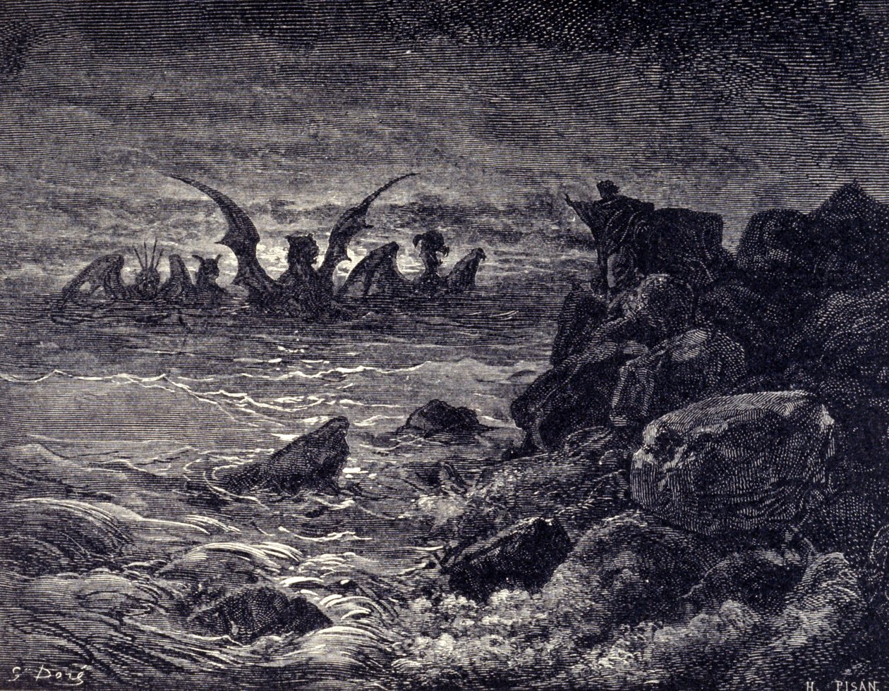 El profeta Daniel ve aparecer monstruos: Haniel, Kafziel, Azriel, Aniel. Grabado de la Biblia ilustrada por Gustave Doré. Siglo XIX de Gustave Dore