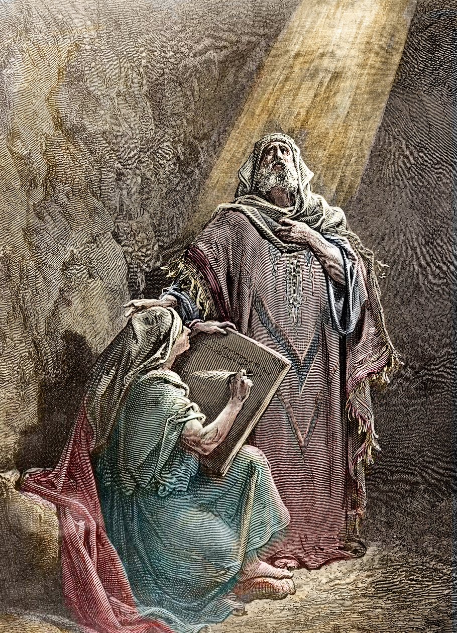 El profeta Jeremías dictando sus profecías a Baruc - Grabado coloreado por Pannemacker, de la Biblia de Gustave Doré (1832-1883) de Gustave Dore