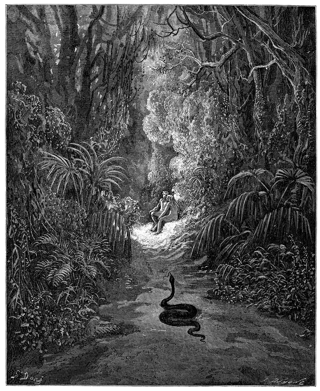 La serpiente se dirige a Adán y Eva. Ilustración de Gustave Dore para "El paraíso perdido" de John Milton (1608-1674). Grabado de 1866. Colección privada de Gustave Dore
